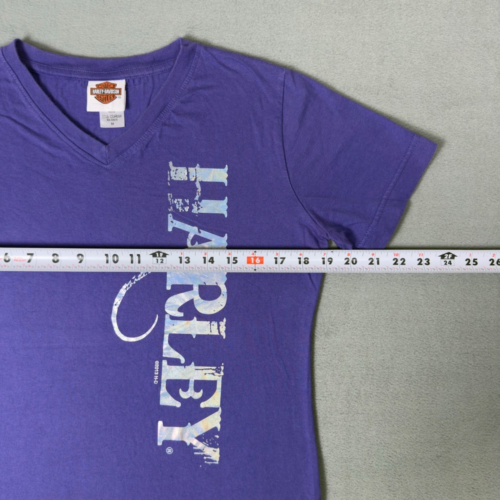 Harley Davidson Brandt's I-69 Marion IN Women's V-Neck Tee Purple Metallic M - Picture 6 of 7
